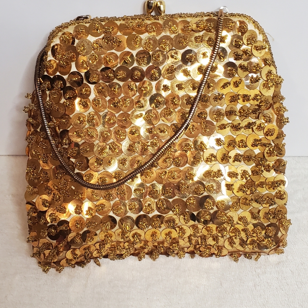 Vintage Gold Beaded Sequined Evening Purse Rare Unique